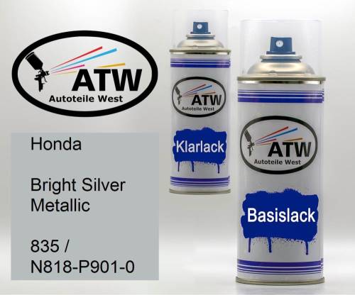 Honda, Bright Silver Metallic, 835 / N818-P901-0: 400ml Sprühdose + 400ml Klarlack - Set, von ATW Autoteile West.